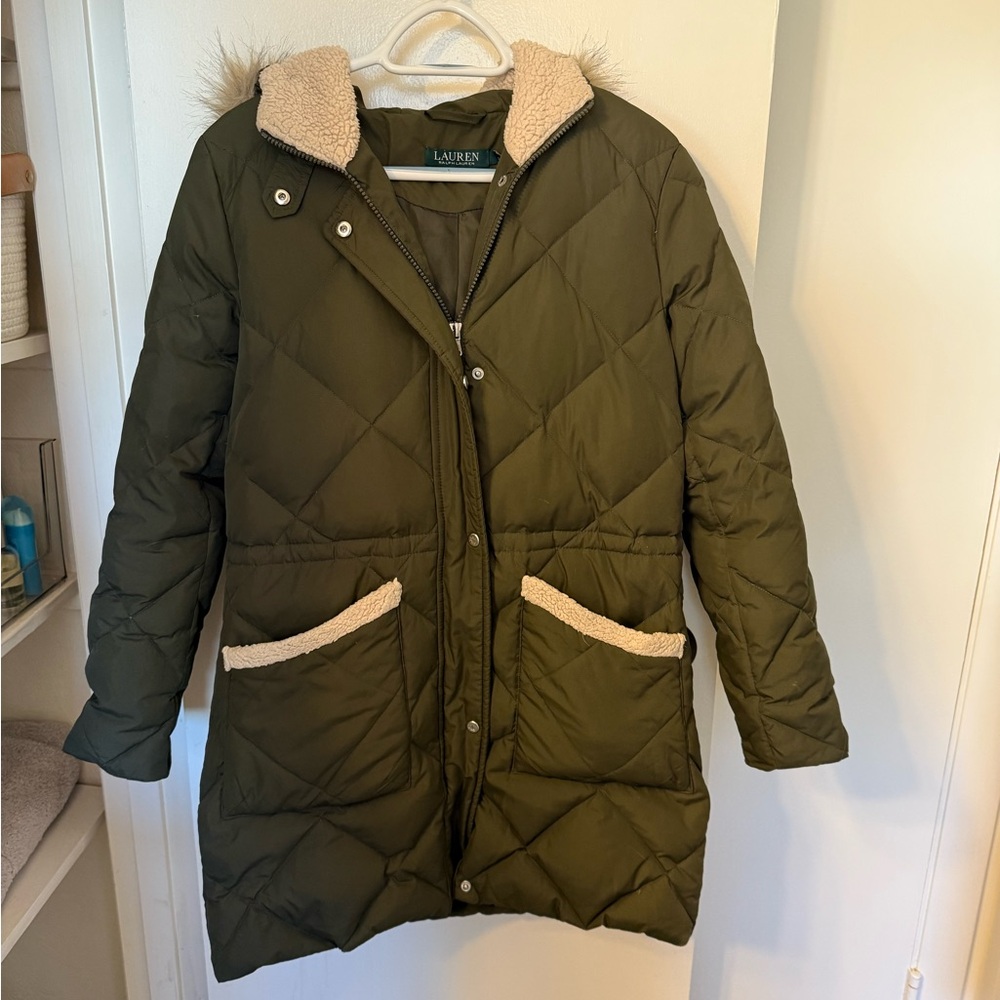 Ralph Lauren Olive Green Quilted Jacket with Sherpa Collar